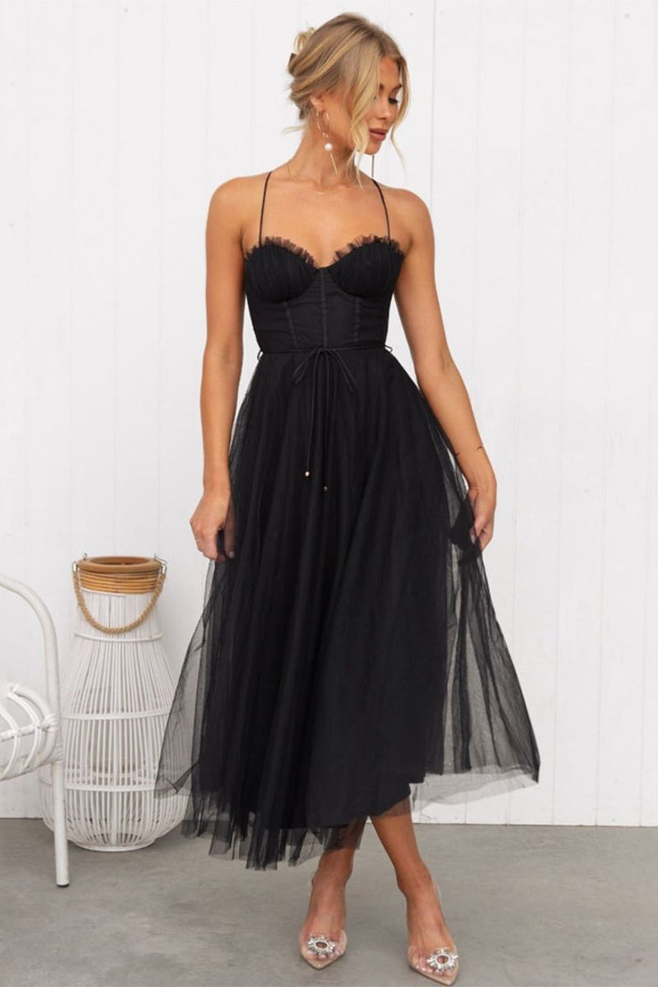 Calliope | Women's Corset Bodice Tulle Midi Dress - Brown - Image 3