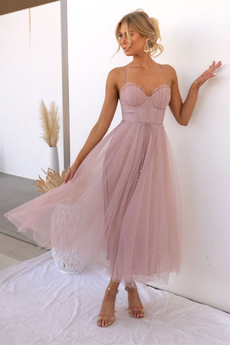 Calliope | Women's Corset Bodice Tulle Midi Dress - Brown - Image 5