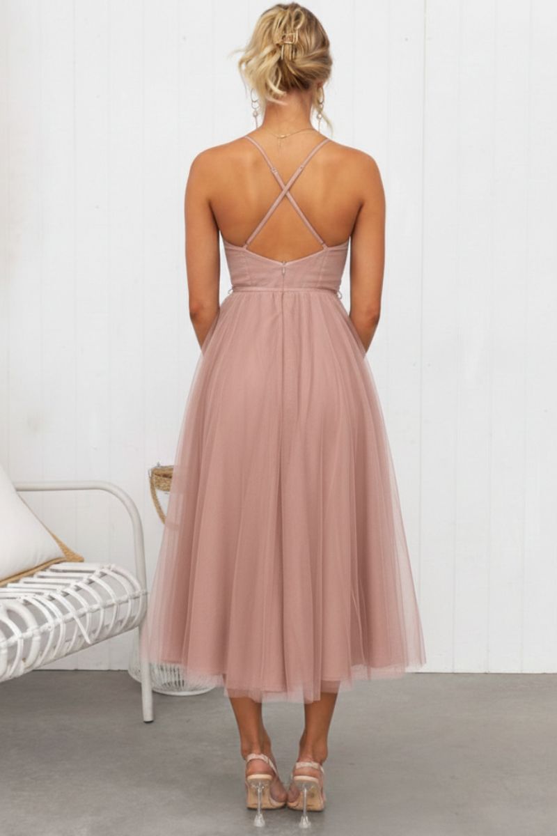 Calliope | Women's Corset Bodice Tulle Midi Dress - Brown - Image 6