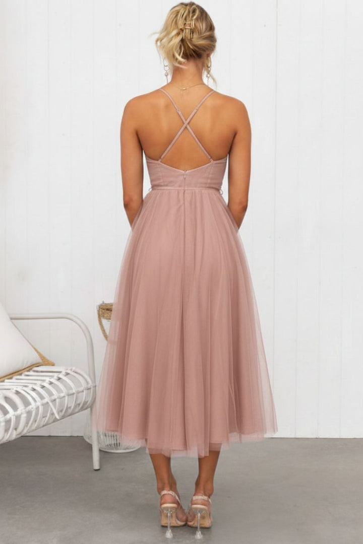 Calliope | Women's Corset Bodice Tulle Midi Dress - Brown - Image 6