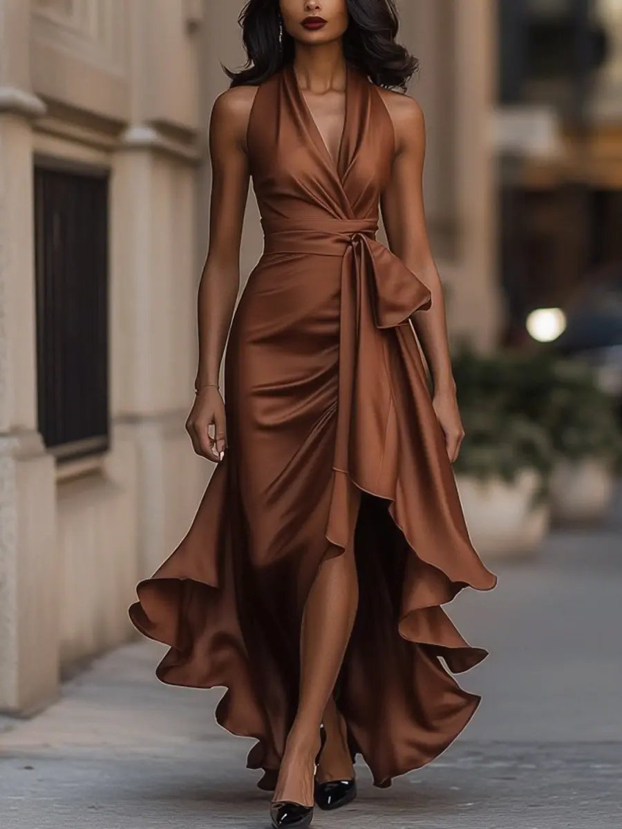 Calliope | Women's Halter Neck Maxi Dress - Champagne - Image 10