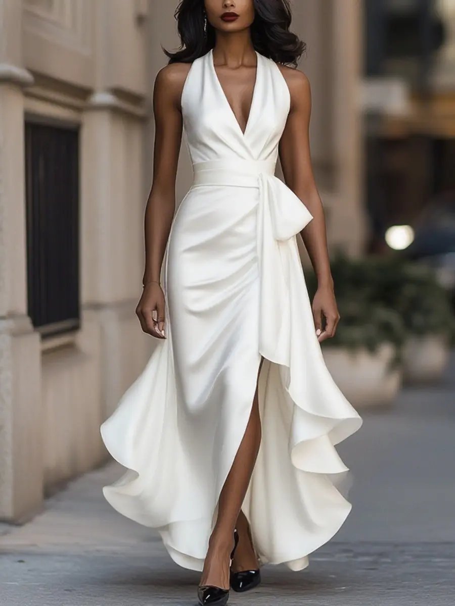 Calliope | Women's Halter Neck Maxi Dress - Champagne - Image 8