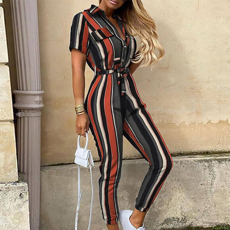 Calloway | Women's Striped Collared Short Sleeve Jumpsuit - Striped - Image 1