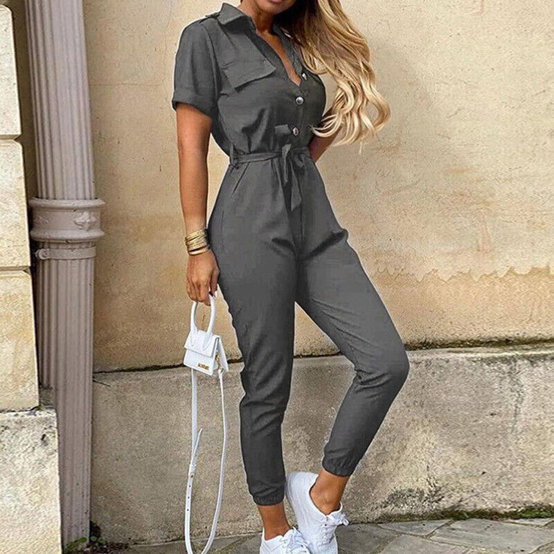 Calloway | Women's Striped Collared Short Sleeve Jumpsuit - Striped - Image 10