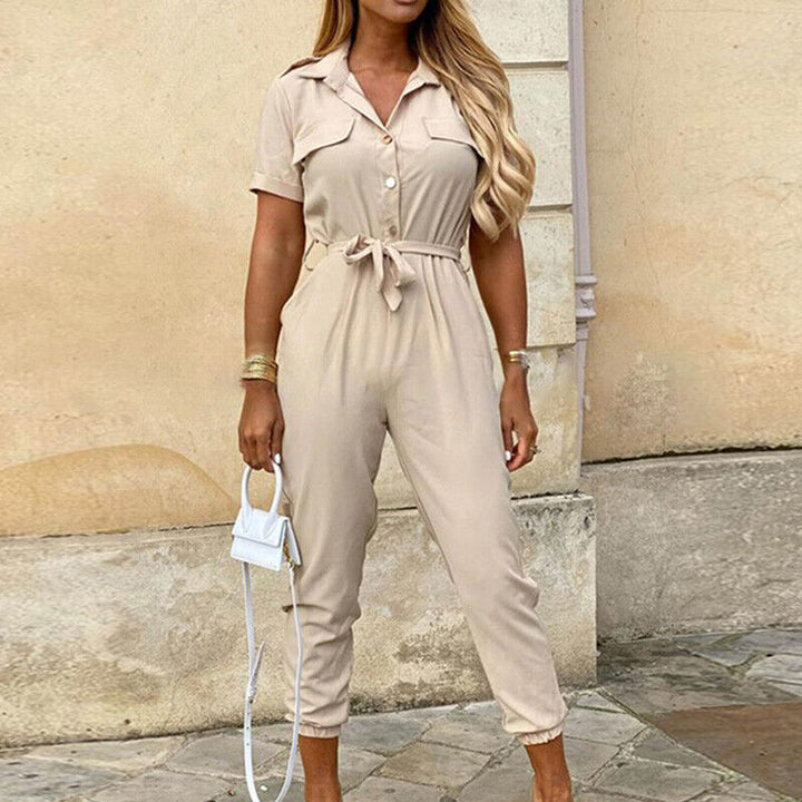 Calloway | Women's Striped Collared Short Sleeve Jumpsuit - Striped - Image 12