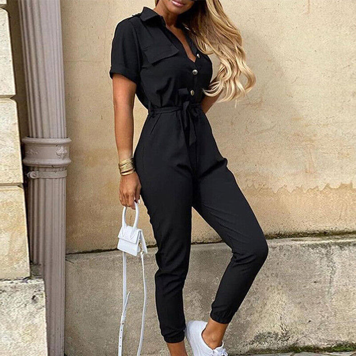 Calloway | Women's Striped Collared Short Sleeve Jumpsuit - Striped - Image 3
