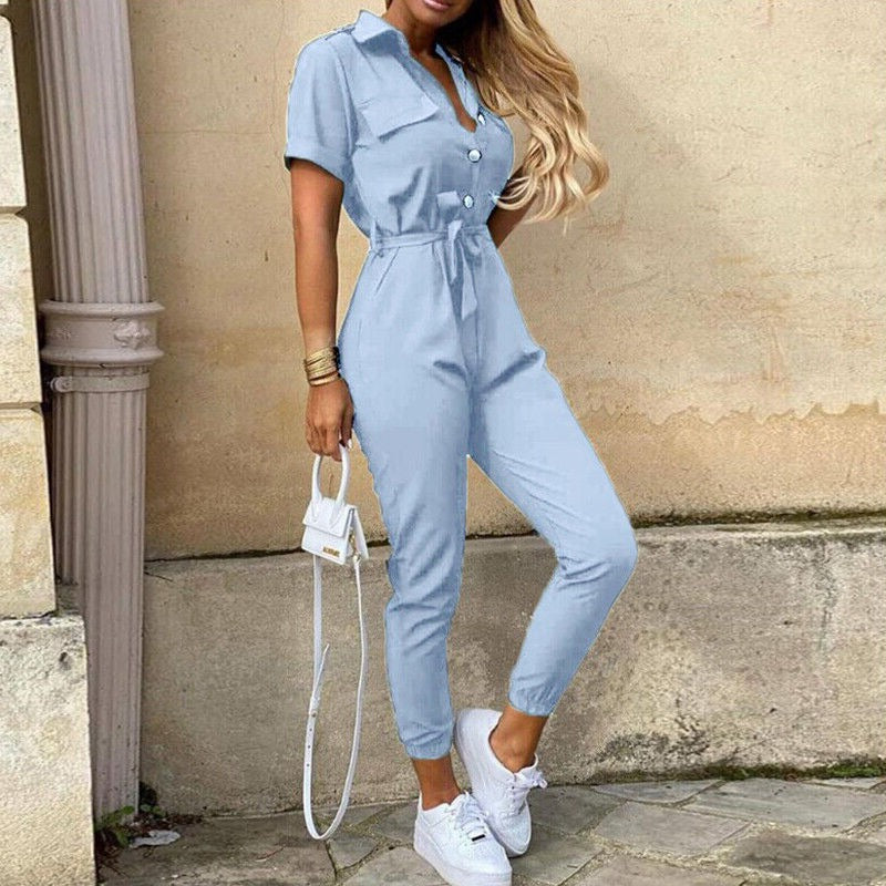 Calloway | Women's Striped Collared Short Sleeve Jumpsuit - Striped - Image 4