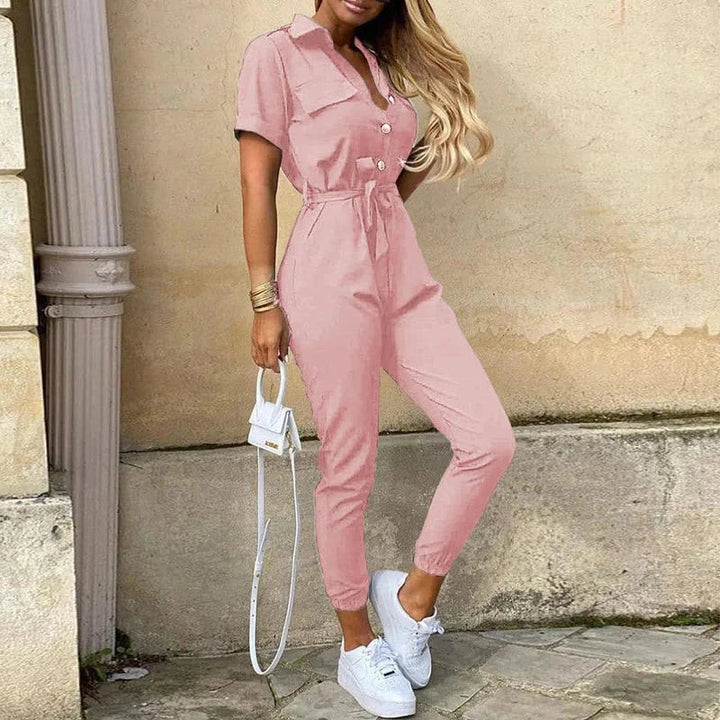 Calloway | Women's Striped Collared Short Sleeve Jumpsuit - Striped - Image 6