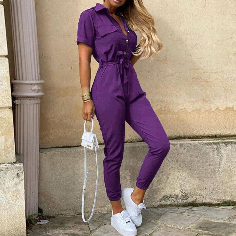 Calloway | Women's Striped Collared Short Sleeve Jumpsuit - Striped - Image 7