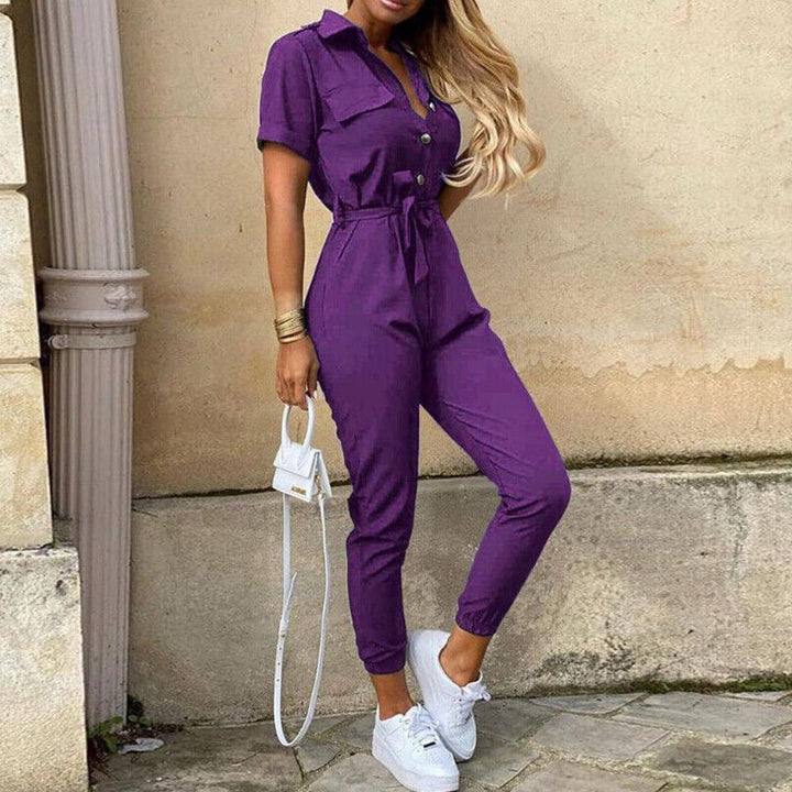 Calloway | Women's Striped Collared Short Sleeve Jumpsuit - Striped - Image 7