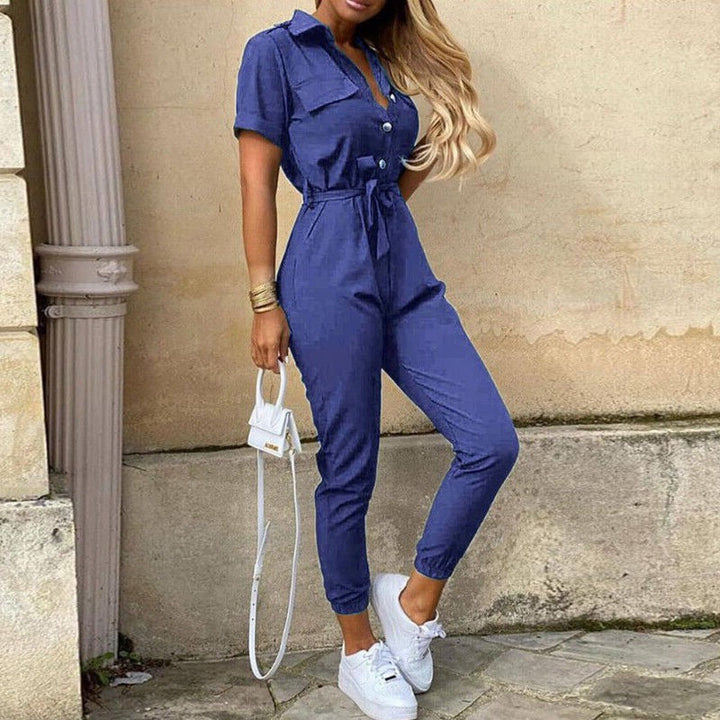 Calloway | Women's Striped Collared Short Sleeve Jumpsuit - Striped - Image 8
