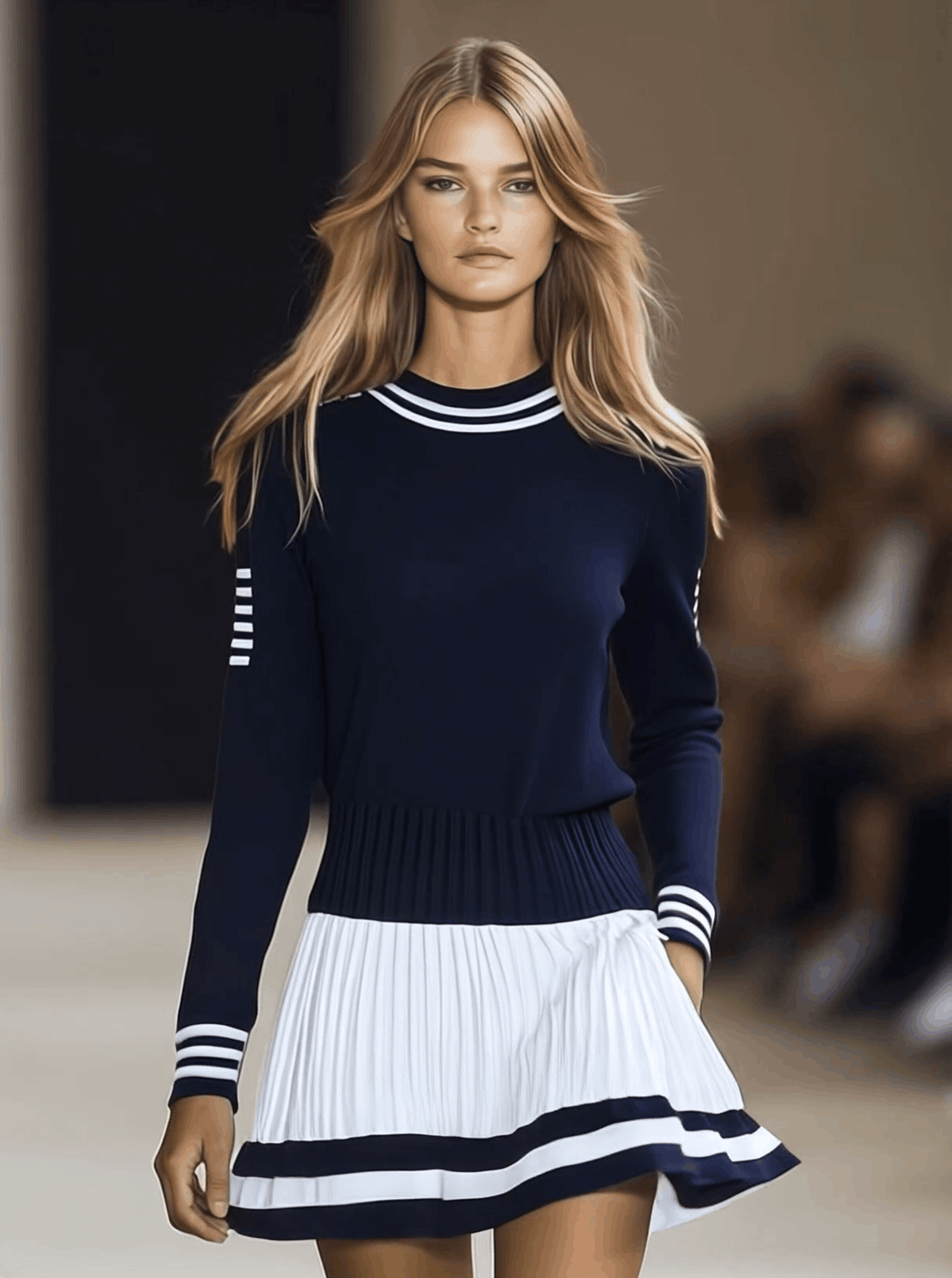 Calypso | Women's Striped Round Neck Mini Dress - Navy - Image 2