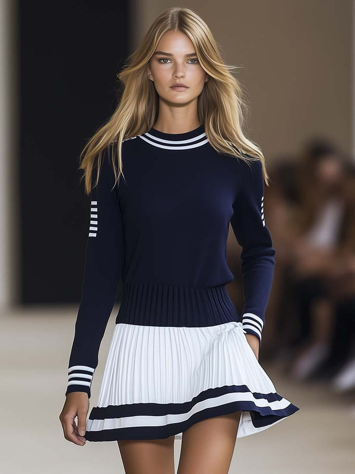 Calypso | Women's Striped Round Neck Mini Dress - Navy - Image 3