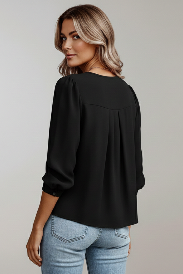 Camilla | Women's Puff Sleeve Round Neck Blouse - Black - Image 5