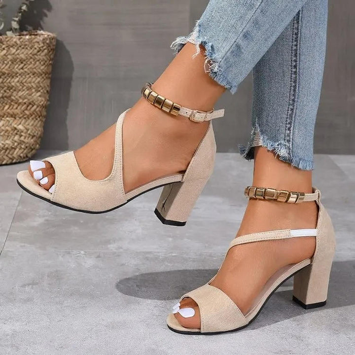 Camille | Women's Ankle Strap Block Heel Sandals - Beige - Image 3