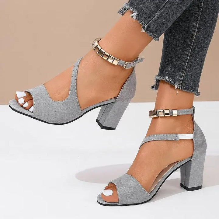 Camille | Women's Ankle Strap Block Heel Sandals - Beige - Image 9