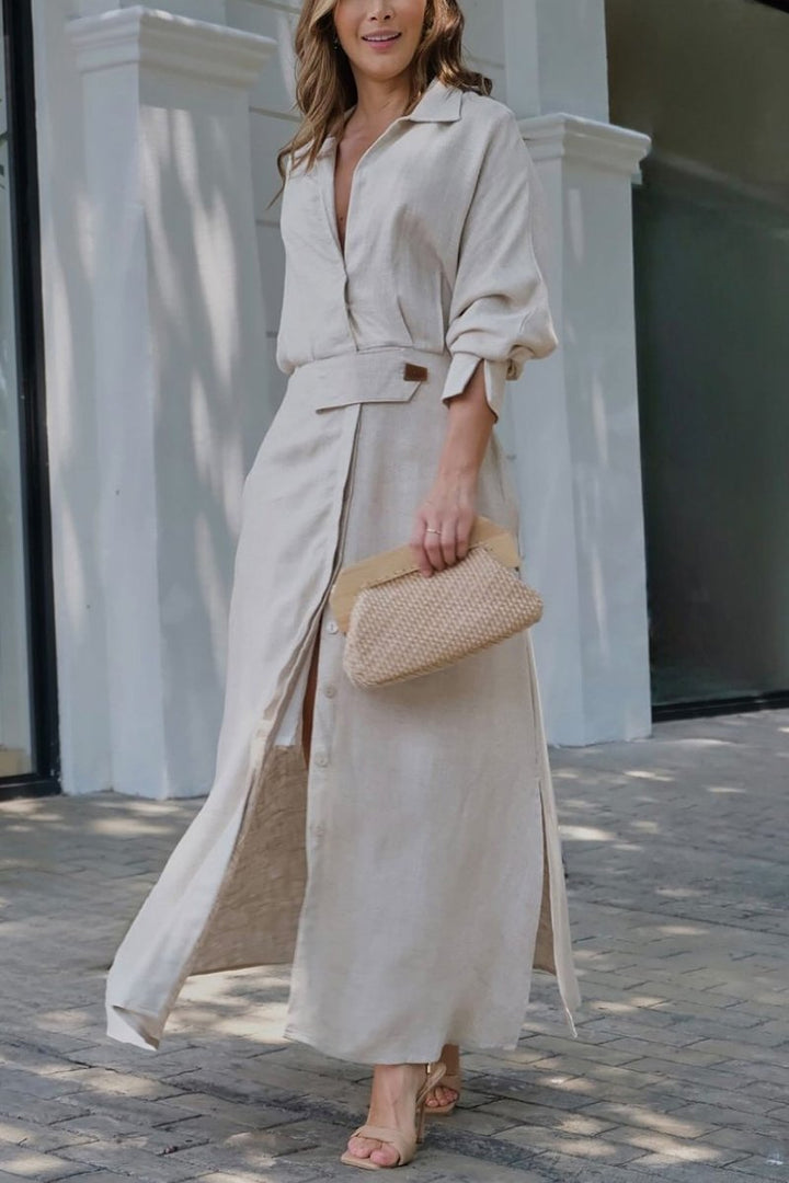 Camille | Women's Collared Belted Maxi Dress - Beige - Image 1