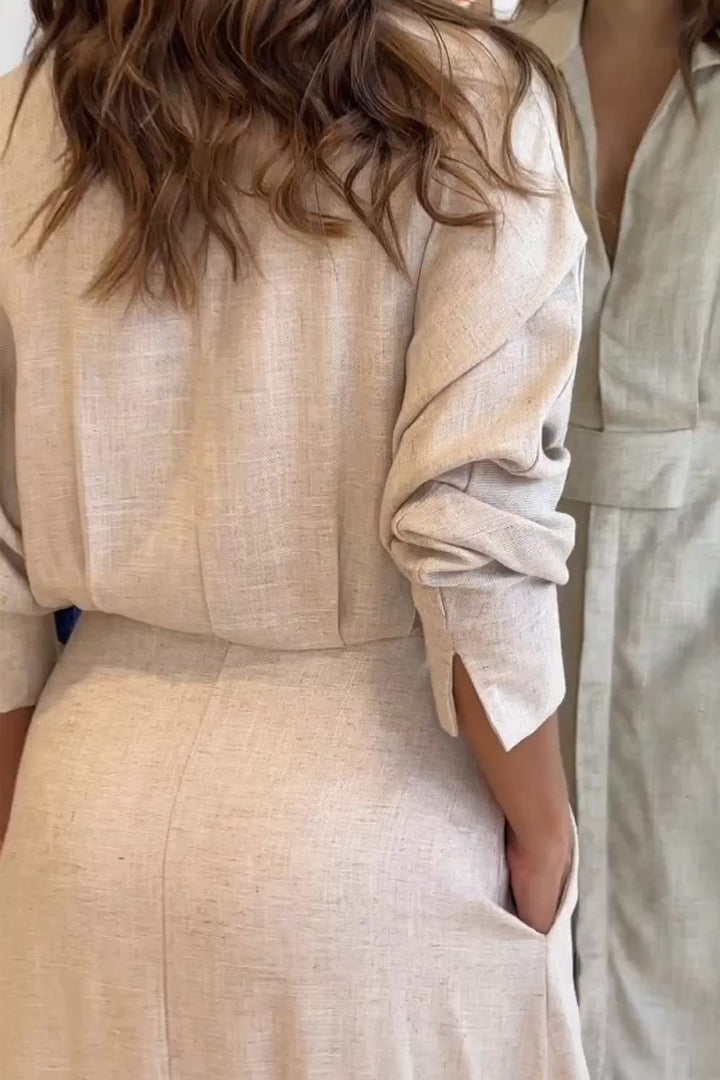 Camille | Women's Collared Belted Maxi Dress - Beige - Image 2