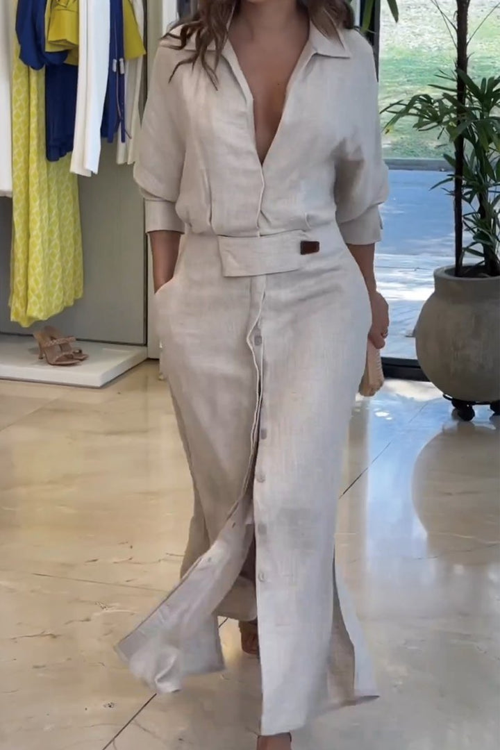 Camille | Women's Collared Belted Maxi Dress - Beige - Image 3