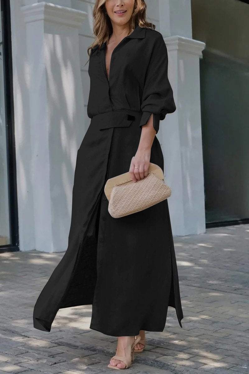 Camille | Women's Collared Belted Maxi Dress - Beige - Image 4