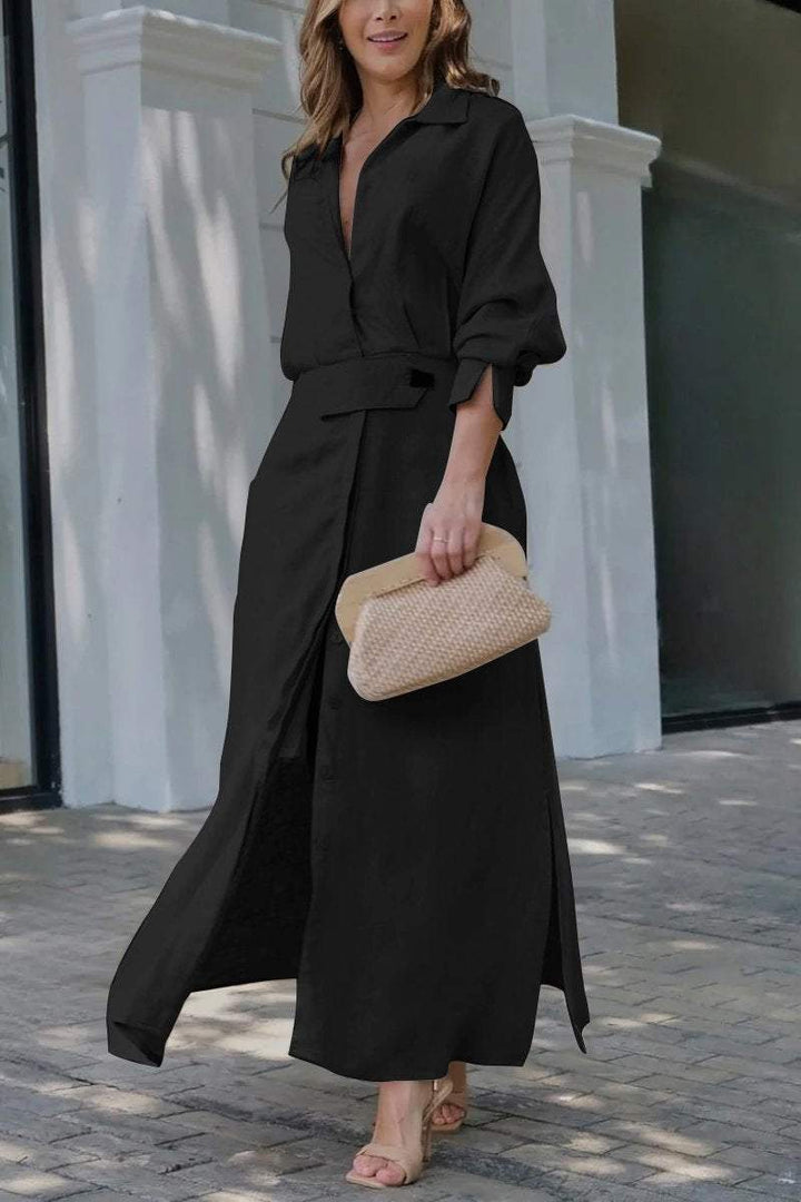 Camille | Women's Collared Belted Maxi Dress - Beige - Image 4