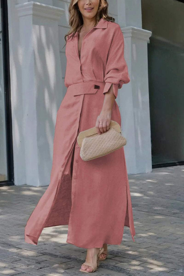 Camille | Women's Collared Belted Maxi Dress - Beige - Image 7