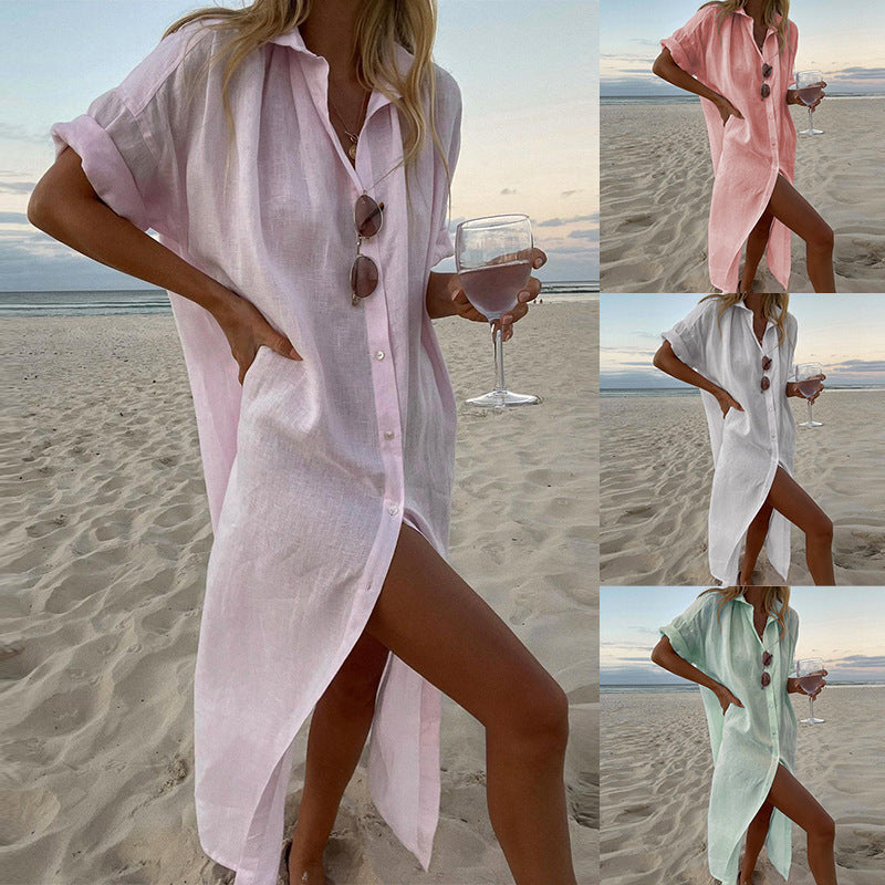 Carita | Women's Button Down Collared Beach Shirt Dress - Image 1