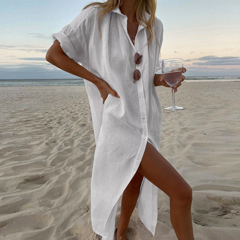 Carita | Women's Button Down Collared Beach Shirt Dress - Image 6