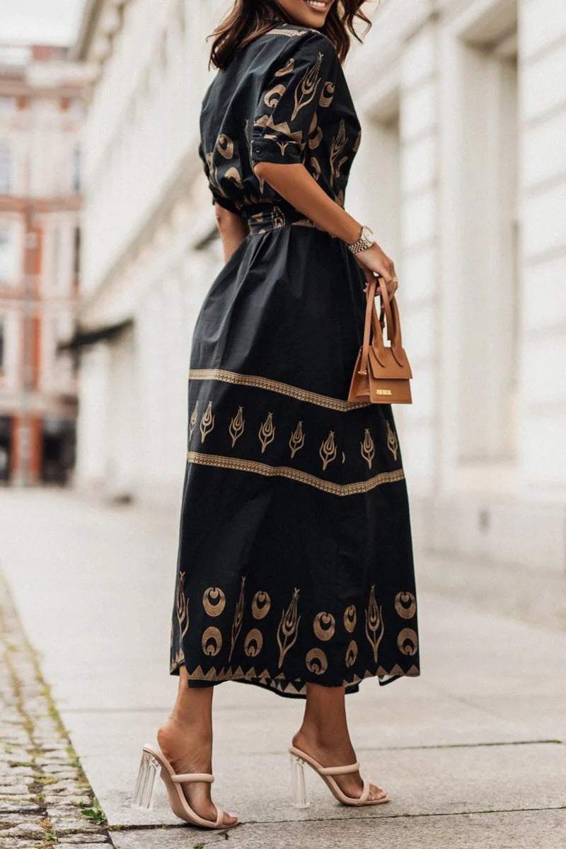 Cassandra | Women's Collared Printed Long Sleeve Midi Dress - Black - Image 2