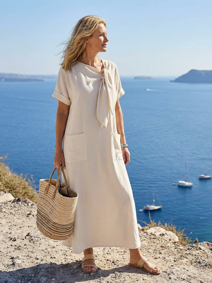 Catalina | Women's Round Neck Pocket Maxi Dress - Beige - Image 3