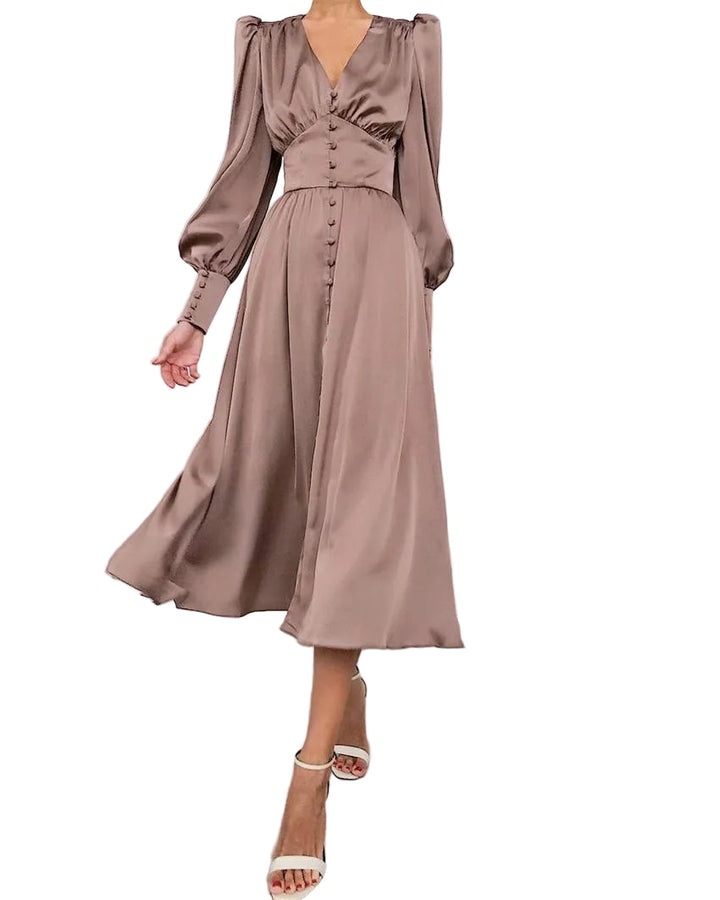 Catalina | Women's V-Neck Long Sleeve Midi Dress - Beige - Image 1