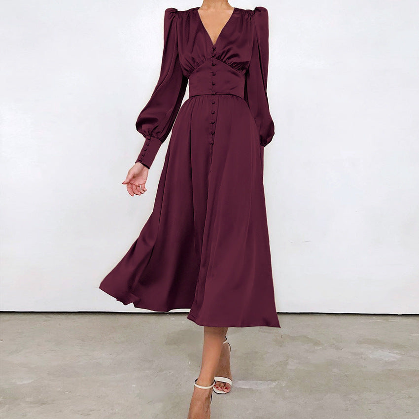 Catalina | Women's V-Neck Long Sleeve Midi Dress - Beige - Image 10