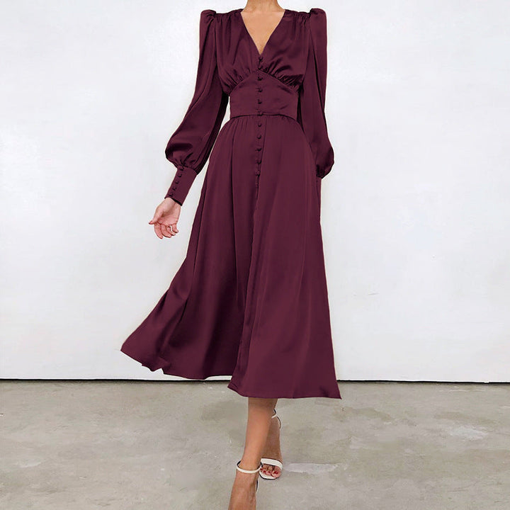 Catalina | Women's V-Neck Long Sleeve Midi Dress - Beige - Image 10