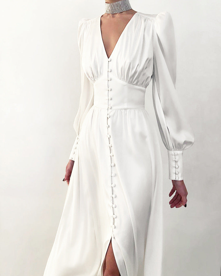 Catalina | Women's V-Neck Long Sleeve Midi Dress - Beige - Image 11