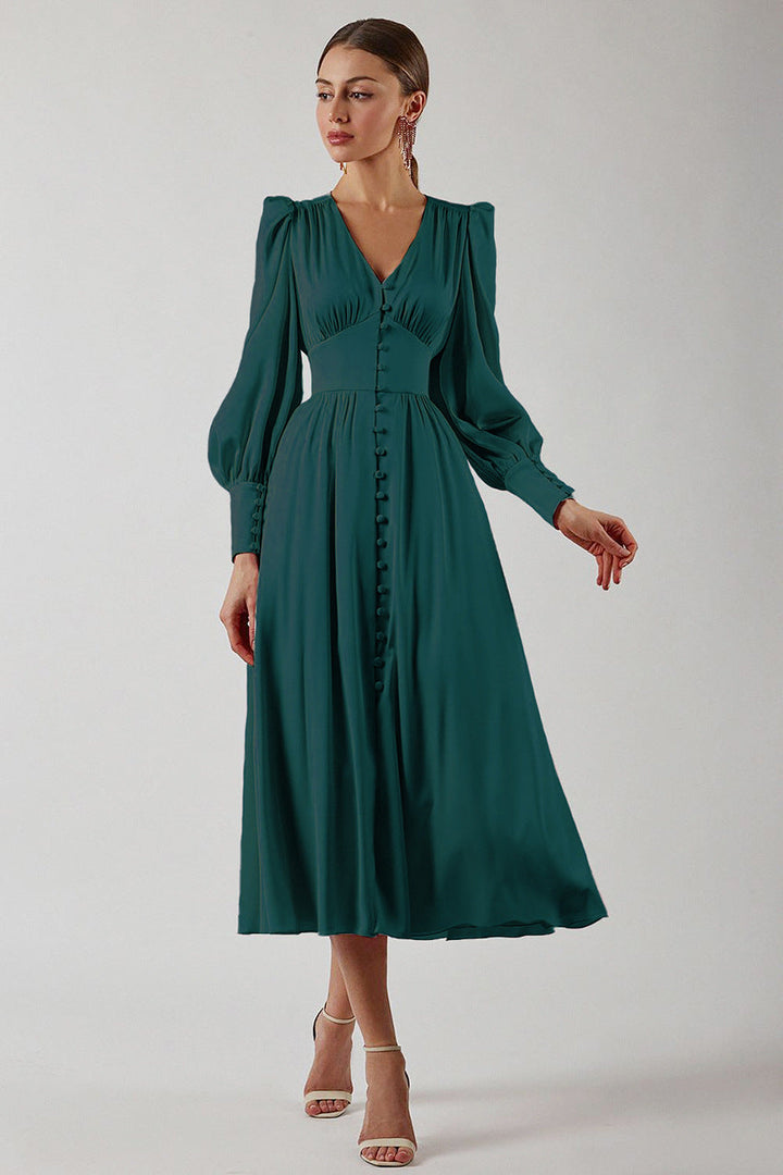 Catalina | Women's V-Neck Long Sleeve Midi Dress - Beige - Image 2