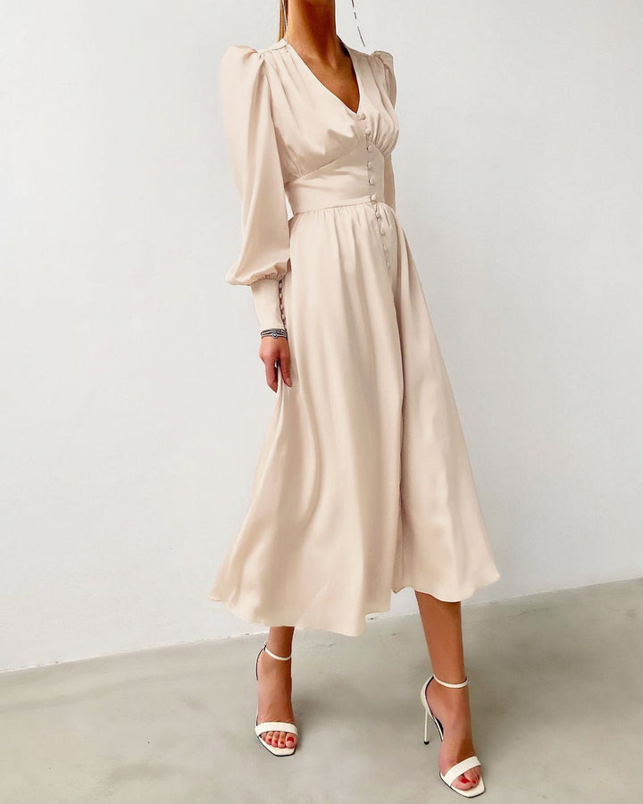Catalina | Women's V-Neck Long Sleeve Midi Dress - Beige - Image 3
