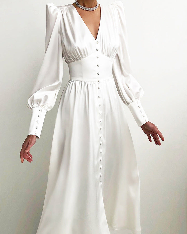 Catalina | Women's V-Neck Long Sleeve Midi Dress - Beige - Image 4