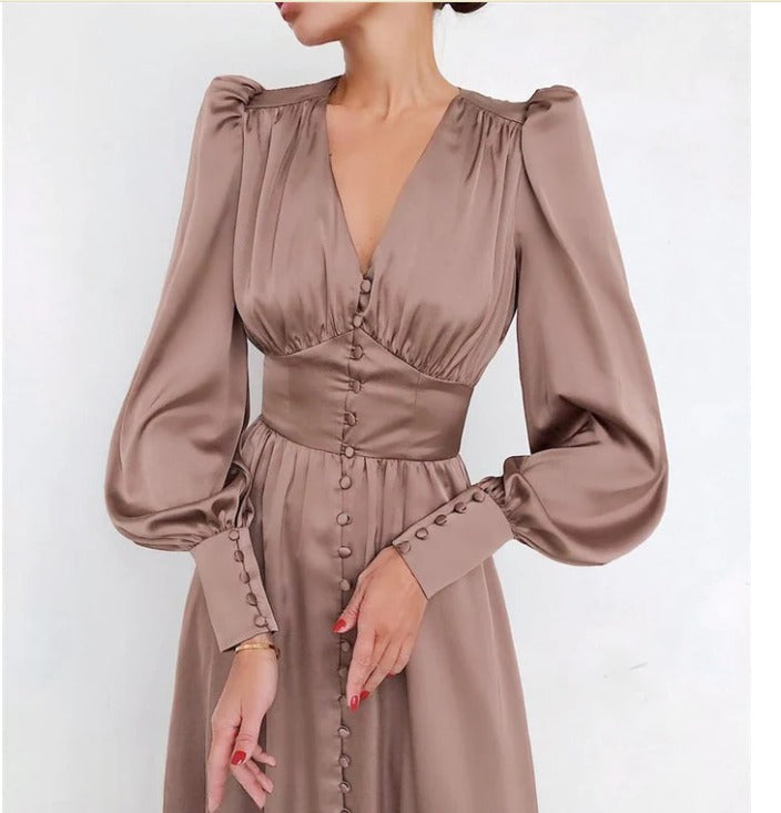 Catalina | Women's V-Neck Long Sleeve Midi Dress - Beige - Image 5