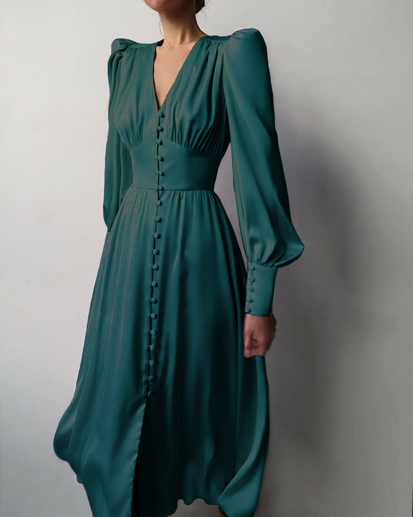 Catalina | Women's V-Neck Long Sleeve Midi Dress - Beige - Image 7