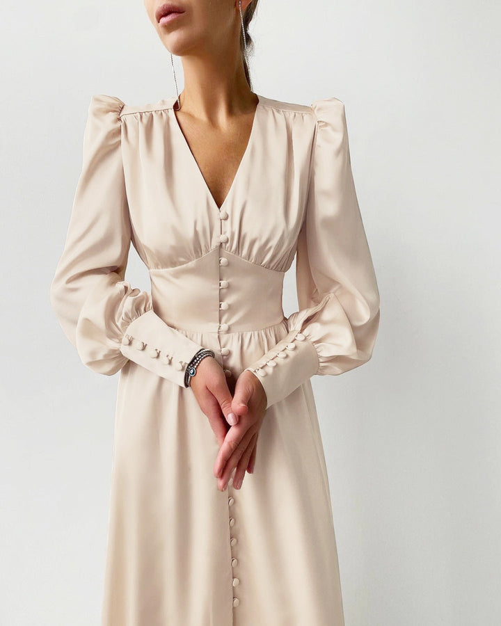 Catalina | Women's V-Neck Long Sleeve Midi Dress - Beige - Image 8