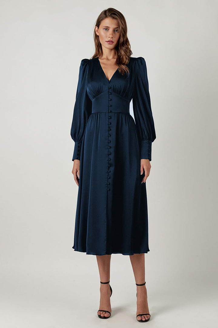 Catalina | Women's V-Neck Long Sleeve Midi Dress - Beige - Image 9