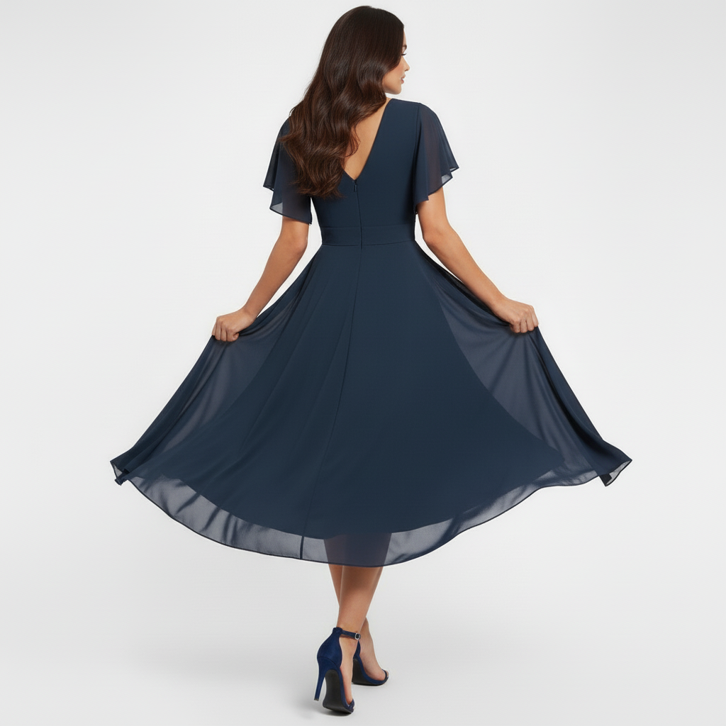 Catalina | Women's V-Neck Midi Dress - Navy - Image 3