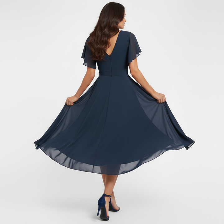 Catalina | Women's V-Neck Midi Dress - Navy - Image 3