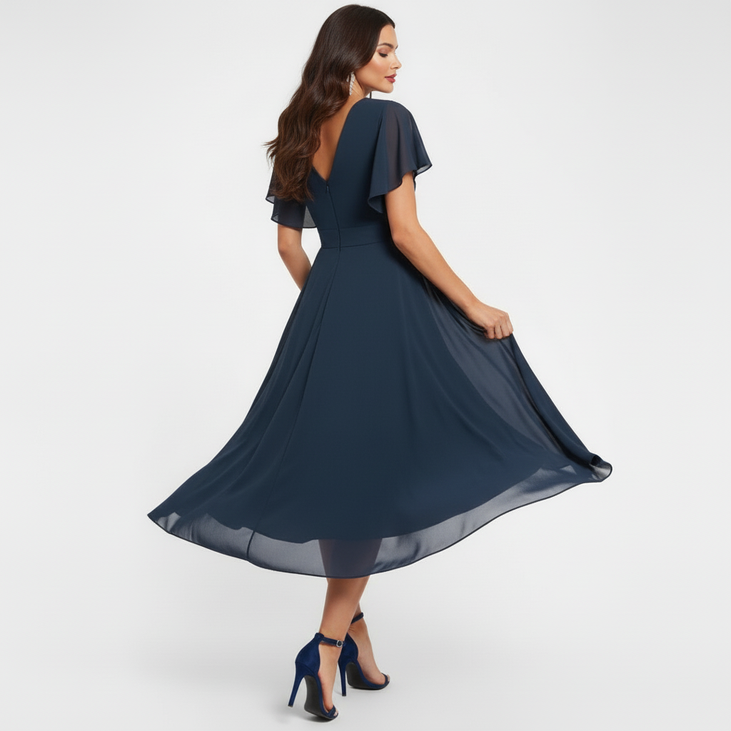 Catalina | Women's V-Neck Midi Dress - Navy - Image 4
