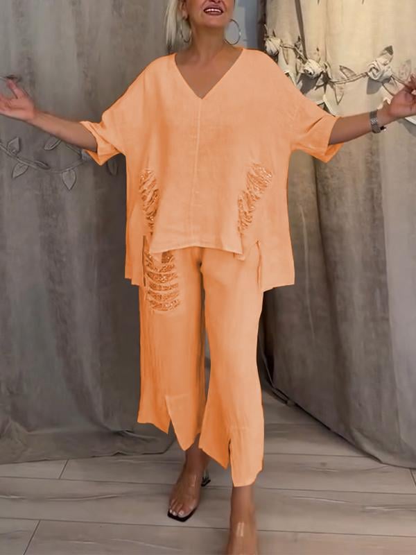 Pearl | Women's Casual 2 Piece Set V-Neck Top and Cropped Pants