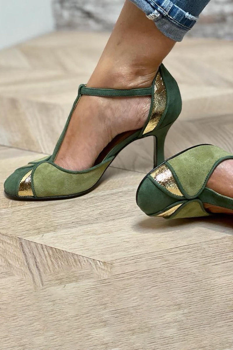 Taviana™ | Patchwork Heels with T-Strap and Closed Toe