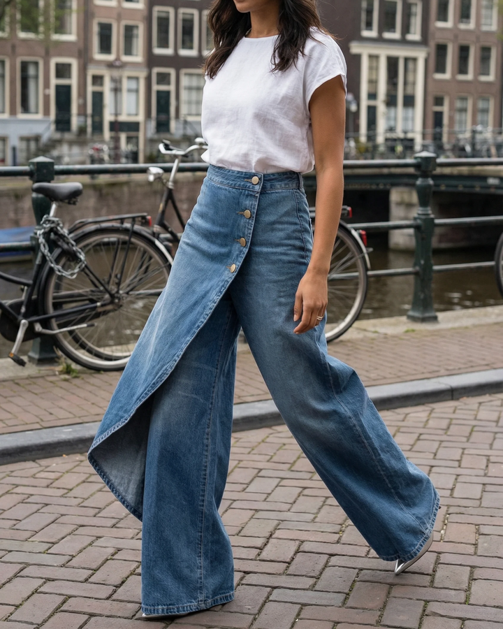 Celeste | Women's High Waisted Wide Leg Wrap Pants - Blue - Image 5