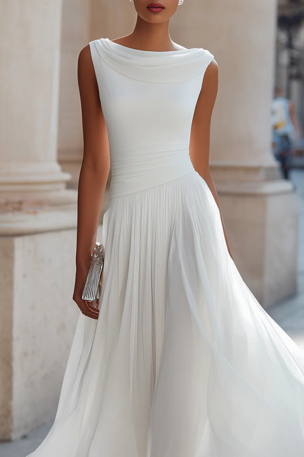 Celeste | Women's Sleeveless Pleated Midi Dress - White - Image 2