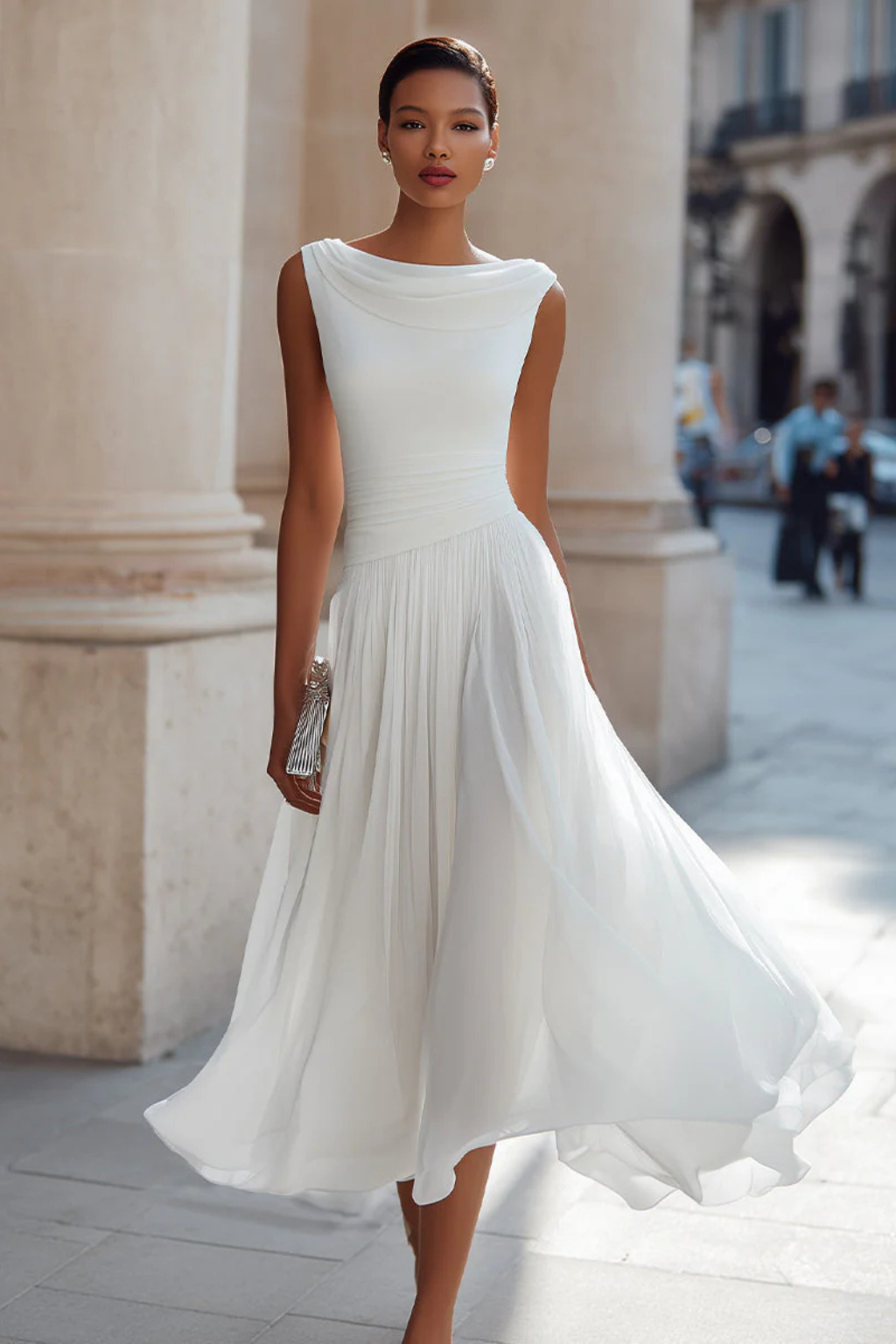 Celeste | Women's Sleeveless Pleated Midi Dress - White - Image 6