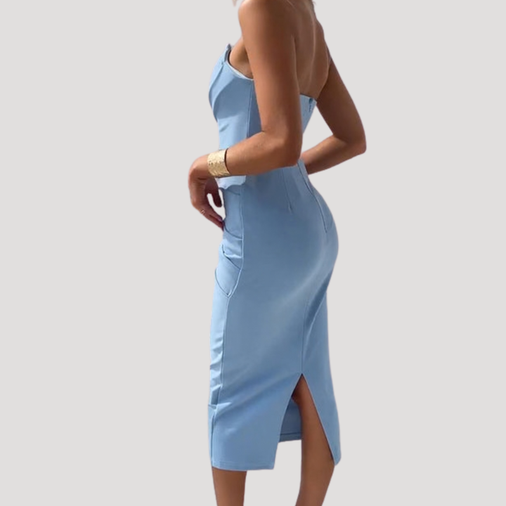 Celeste | Women's Strapless Ruched Bodycon Midi Dress - Light Blue - Image 2